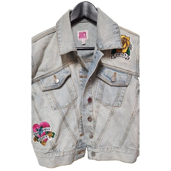 Juicy Couture Jackets & Blazers - Juicy Couture Womens Y2K  Denim Jean Jacket Cabana Wash Tattoo Patches Heart XS